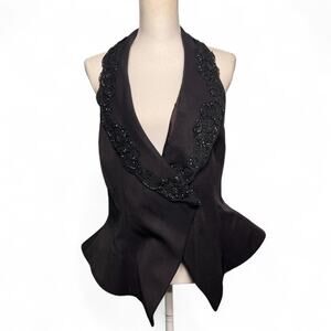Vintage 80s Night Way Size 14 New Black Beaded Backless Evening Tuxedo Vest